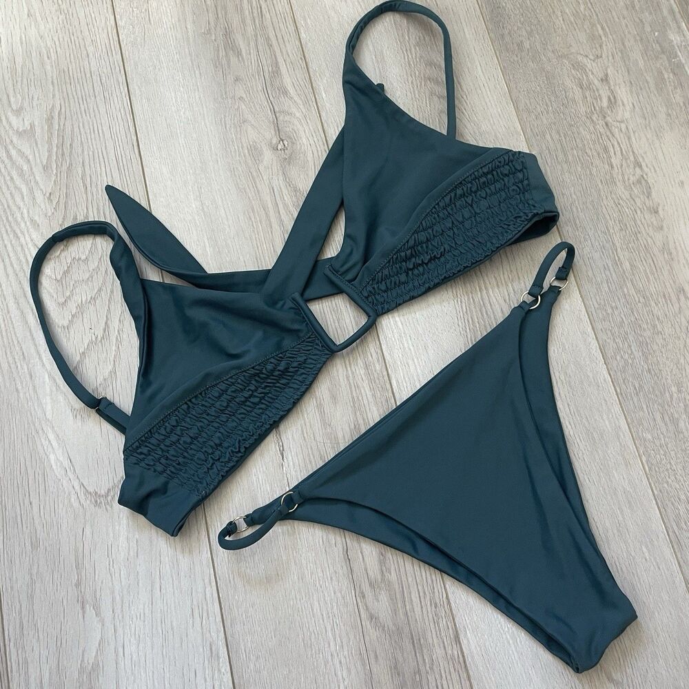 Away That Day Bikini tie back cheeky string womens Teal (small) minimalist swim
